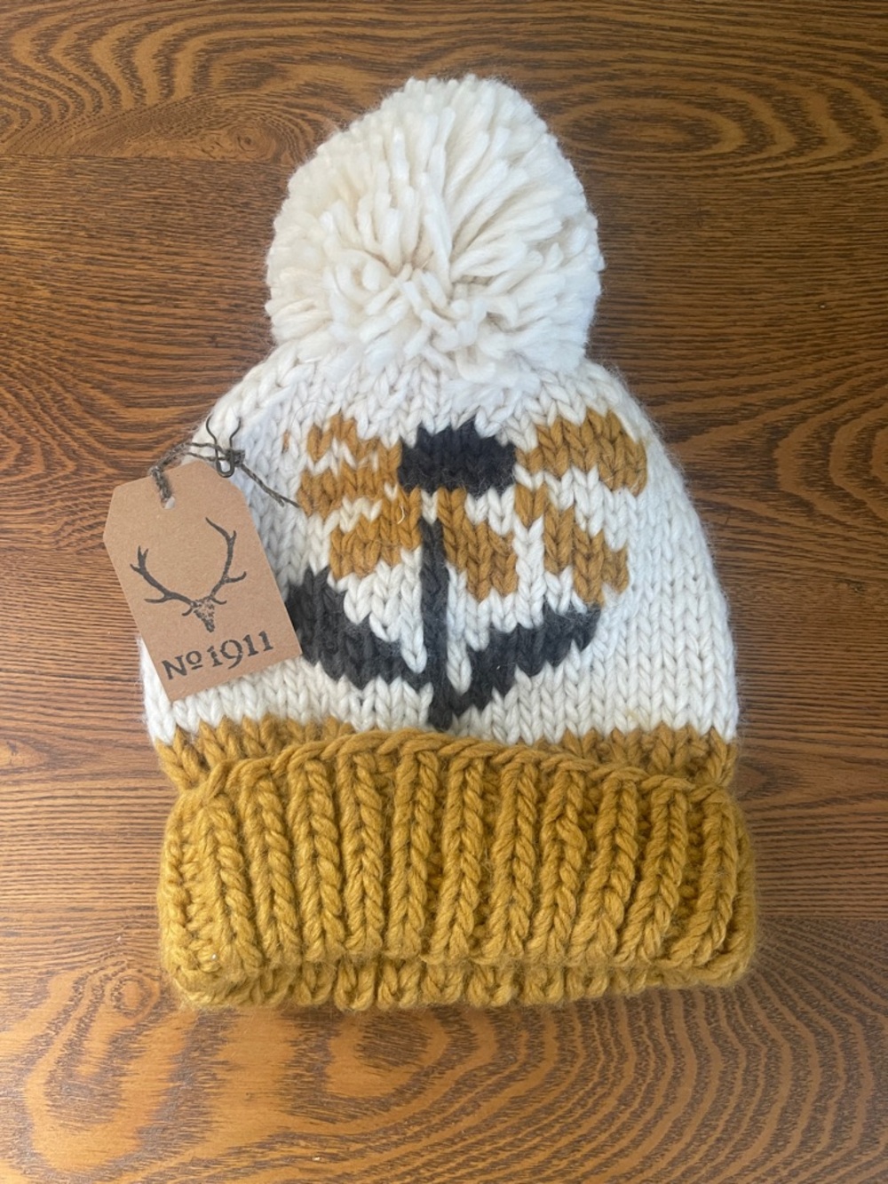 Kids Pom Beanie Hat - Cream & Mustard